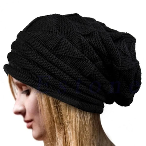 Strikkede Løse Beanie Oversized Vinterhat Ski Slouchy Cap Skullies Beanies Kvinder Mænd Vinter Uld Varmt Hat Beanies Unisex Black One Size