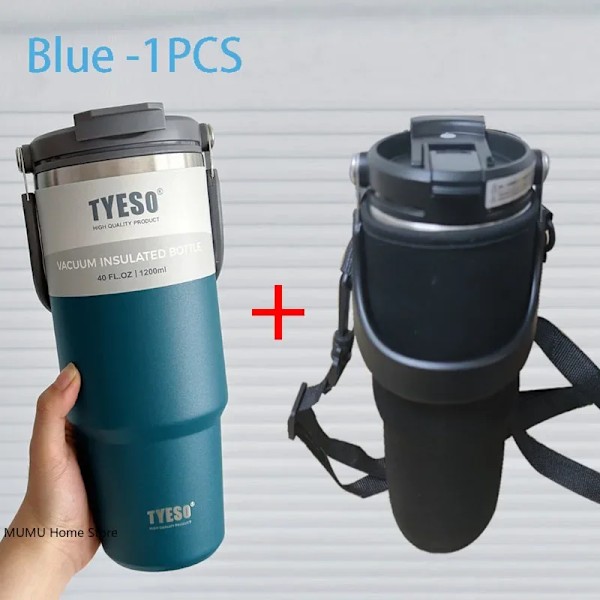 Tyeso Termisk Vandflaske Stål Dobbelt-Lag Isoleret Kop Kold Og Varm Kaffe Kop Tumbler K Rejse Kops Blue With Cup Bag 900ML