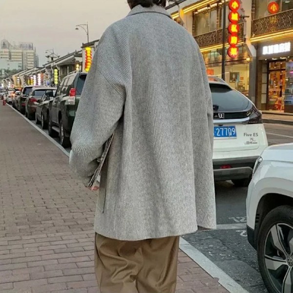 Mænds Woolenovercoat Koreansk Stil Løs Pasform Efterår / Vinter Rock Jakke Mode Outwear Trench Light gray M