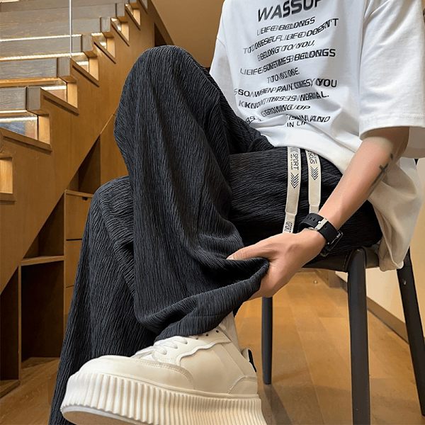 2024 Forår Og Efterår Draperende Effekt Ice Silk Casual Bukser Mænds Sommer Tynd Avanceret Mode Loose Lige Bukser Wine Red XXL