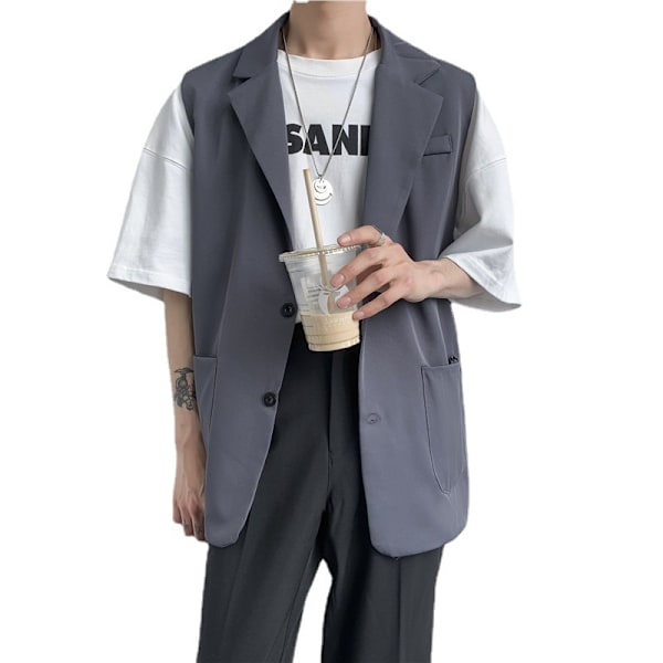 Höstdräkt Mäns Västjacka Mäns Koreansk-Stil Moderiktig Ärmlös Kostym Hong Kong-Stil Loose Wa. Väst Sommare Grey XXL