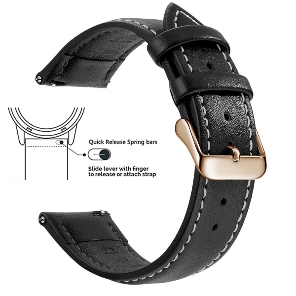 Top Grain äkta läder watch , Quick Release 18mm/20mm/22mm watch , Passar Samsung Galaxy Watch, Garmin Huawei Watch Black W Rose Gold