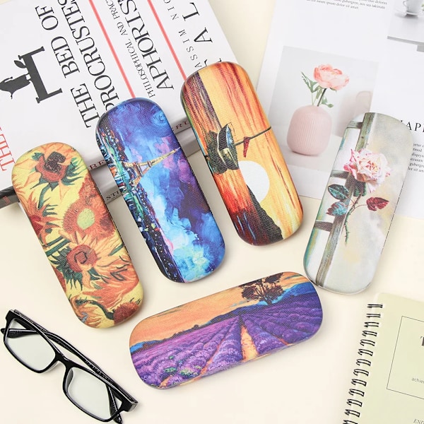 Fashion Olie Maleri Kunst Brille Etui Boks Hårdt Læder Læse Briller Etui Retro Floral Print Øjenbeklædning Beskyttende Briller Holster Fluorescent Yellow