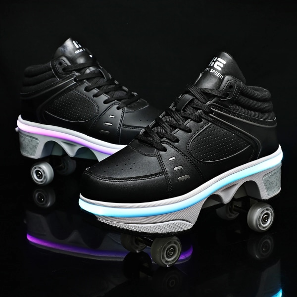 Unisex Four-Wheel Roller Skate Shoes Casual Deformation Parkour Sneakers Kids Skates Stage personalized Sport Roller Skate Shoes multi multi 42 Foot length28cm