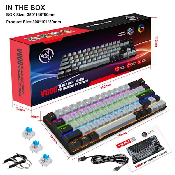 V800 Mekanisk Gaming Keyboard Led Backlit Kompakt 68 Tangenter Mini Wired Office Tangentbord För Bärbar Dator Spelare Bärbara Tillbehör grey