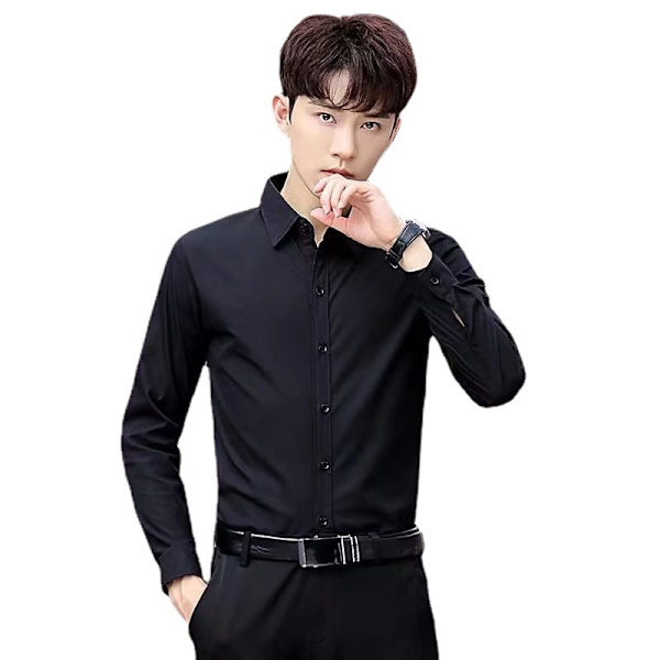 Vaaleanpunainen miesten slim-fit pitkähihainen puku paita miesten korealainen tyyli muodikkaat plus-koko sulhasen bestmanin hääpuku talvi Black L