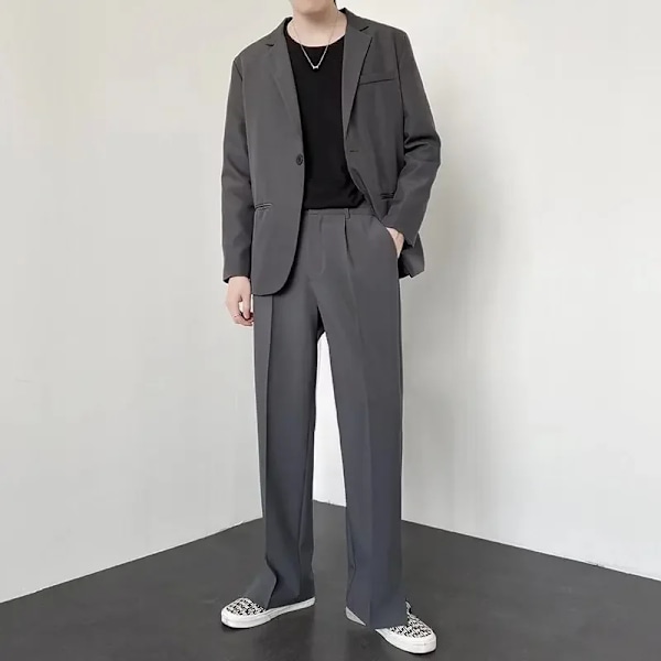 Mænd Straight Casual Bukser 2024 Sommer Nye Koreanske Stil Baggy Personlighed Slid Bred Ben Blazer Bukser Bukser Mandlige Gadetøj Dark Grey 36