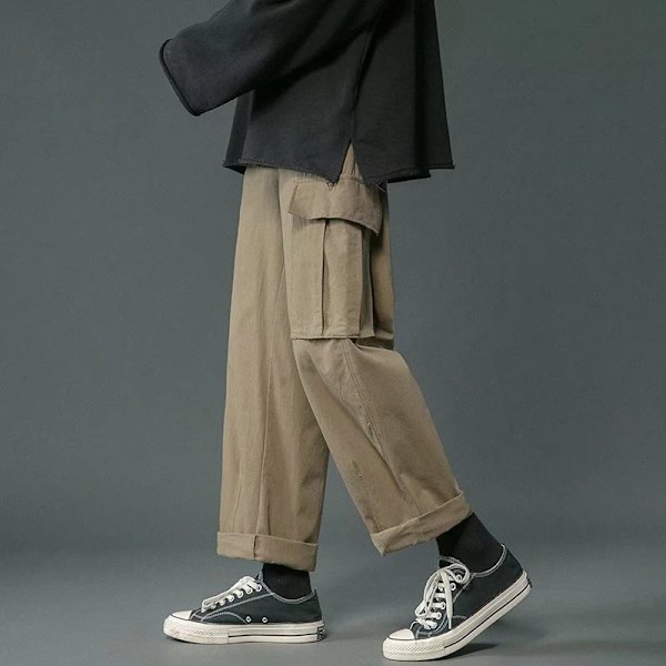 Pluskoko Leikatut Housut Miesten Trendikkäät Huput Kesä Korkea Vyötärö Suora Löysä Trendikkäät Merkit Miesten Casuale Housut Miehet Käyttävät Kevään Ja Syksyn. Khaki L