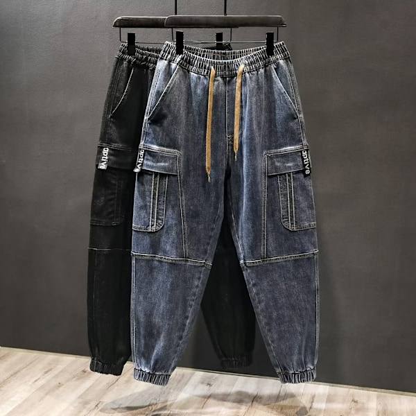 Beskärda Jeans Mäns 2023 New Ins Mode Märke Loose Elastiska Byxor Höst Ankel-Tied Dragsnöre Arbetskläder Ankellängdsbyxor Black XXL