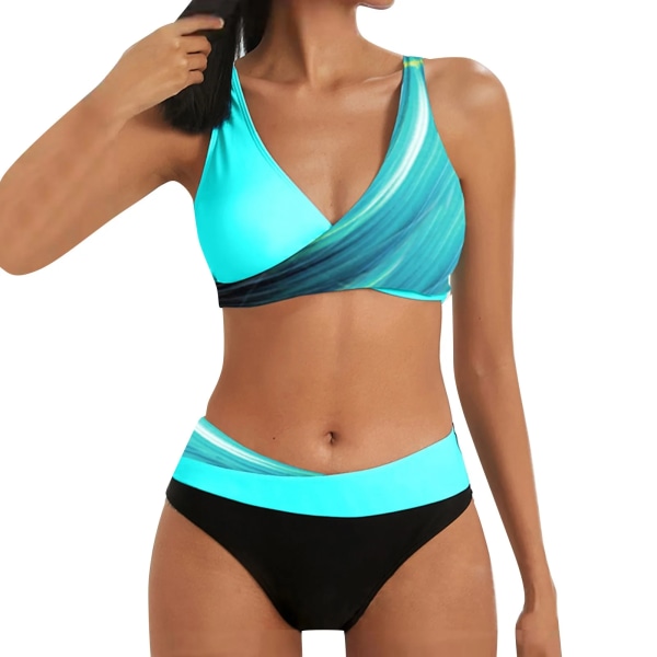 Kvinnors bikinis med hög midja i två delar set färger Sexig Push Up Plus Size Baddräkt 2024 Sommar Beachwear Baddräkter Light Blue S