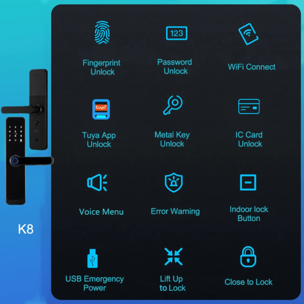 K8 Smart Dörrlås TTlock Bluetooth / Tuya Wifi Fingeravtryck Lösenord 13,56MHZ IC-kort Keyless Smartlife Home 22x225R TT Lock Version