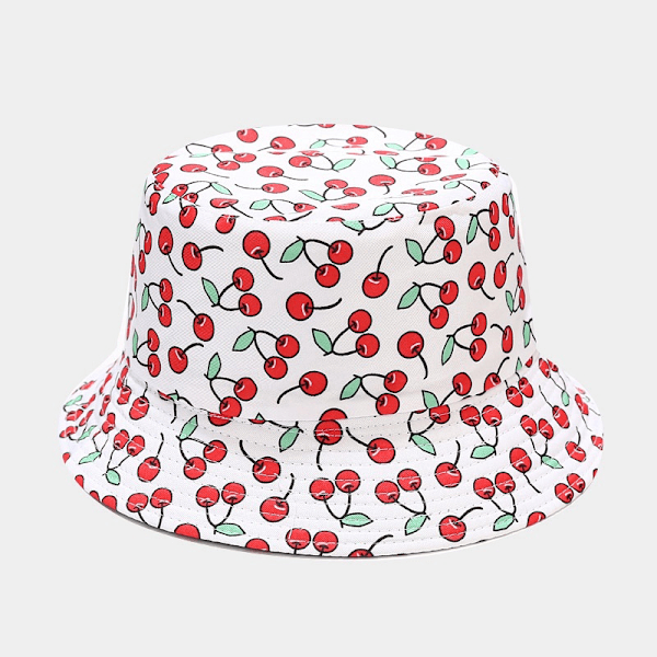 Europeiska Och Amerikanska Nya Kreativa Tryckning Frukt Mönster Bucket Kvinnors Sommar Utomhus Casual Sun-Proof Hat All-Matching Basin Hatt More Than Small Cherry White M（56-58cm）