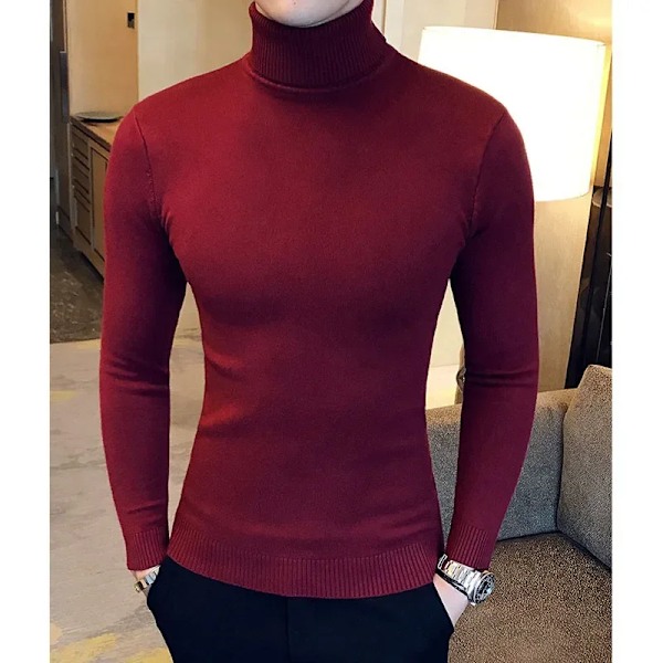 Ny Mænds Høj Hals Trøje Solid Farve Pullover Strikkede Varm Casual Turtlenecks Sweatshirt Woolen Mænd Vintern Toppe Udendørs. G01  wine red XXL85-95kg