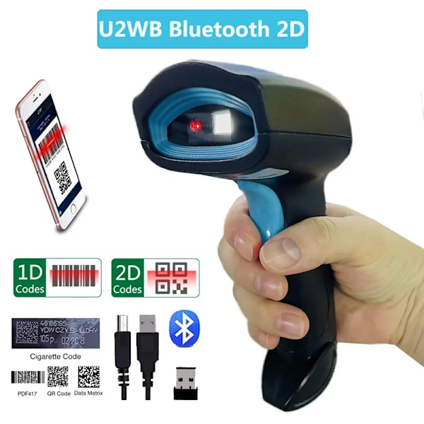 1D/2D stregkodescanner kablet/trådløs/Bluetooth QR-kodelæser til Pos-system, PDF417 stationær scanner til lagerbeholdning butik U2WB Bluetooth 2D