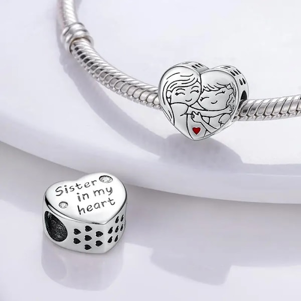 925 Sterling Silver Syster Charms Pojke Flicka Och Hjärta Form Hängande Pärlor Passar Pandora Original Charms Armband Diy Gratis Frakt KTC467