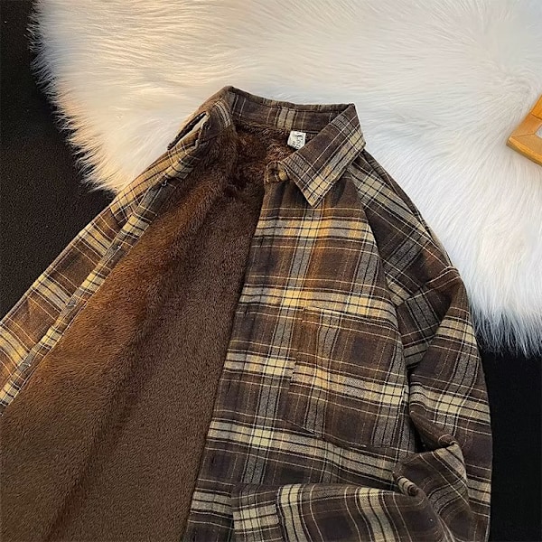 Hong Kong Style Plaid Tröja Mäns Höst Och Vinter Snygg Lång Ärm Skjorta Mode Trendy Märke Japanska Style Inre Wer Vår Och Höst Rock Nytt Brown XL