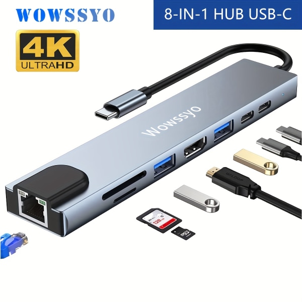 Wowssyo USB C Hub 8 i 1, aluminium USB C-adapter för MacBook Pro/Air, RJ45 Ethernet, 4K, SD och TF-läsare, PD 100W , USB 3.0/ USB 2.0-portar