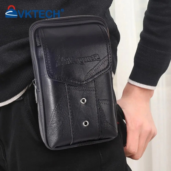 Multifunktion män PU-läder Fanny midjeväska Enfärgad Mobiltelefonväska Ficka Business Casual Litet bälte Bum Pouch Black