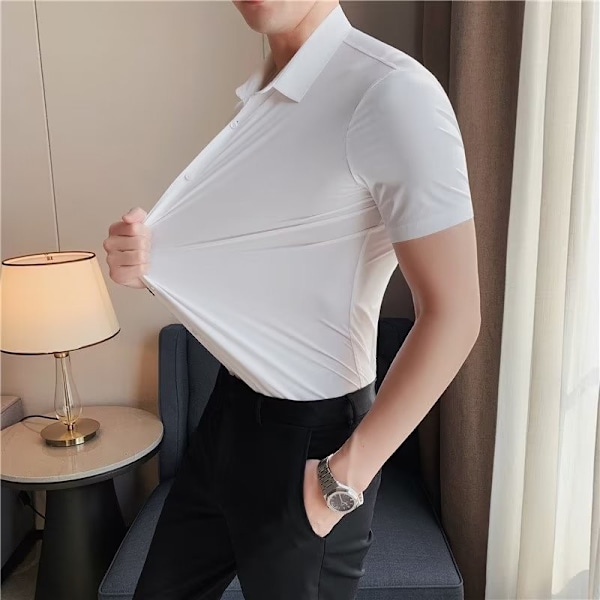 Mäns Tröja Lång Ärm Sommar Slim Fit Stretch Business 2023 Nya Mäns Kostym Skjorta Black, Short Sleeve L