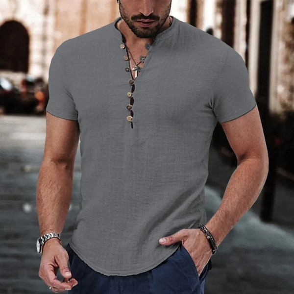 2023 Ny kortärmad t-shirt för män V-ringad knapp Bomullslinneskjorta Herr Casual Populära toppar för män white US S