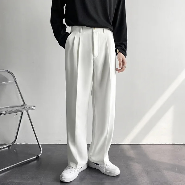 2024 Nye Mænd Hvide Rette Bukser Mode Koreanske Løs Dragt Bukser Casual Draperet Baggy Hvid Bred Pant Male Streetwear Dark Grey 38