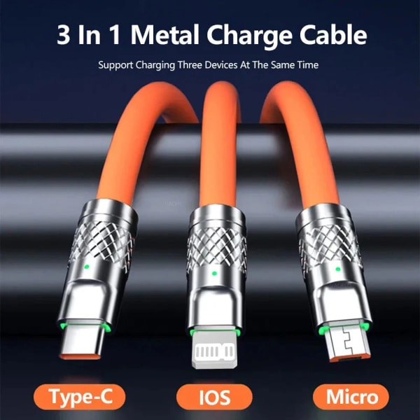 120W 6A 3 i 1 snabbladdningskabel Datasladd för Realme 11 Huawei POCO USB -laddningskabel Micro USB Typ C Laddningskabel Green 3 in 1 Cable 2m