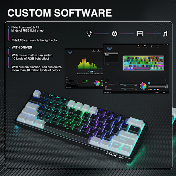 Aula F3261 Mekanisk Spelare Tangentbord Macro Tangentbord Hotswap Tangentbord Gaming Keyboard För Tablett 60 Procent Layout Rgb Anpassa Programvara Black-Grey