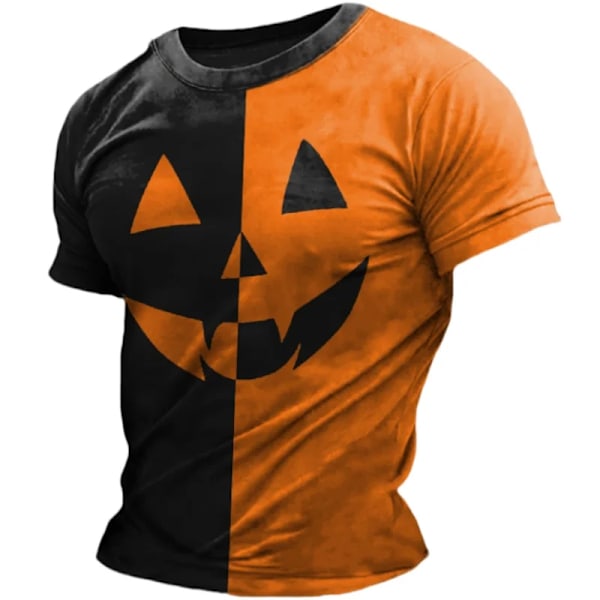 Sjov græskar ansigt print mænds T-shirt sommer orange Halloween T-shirts ferie O-hals løs kort ærme T-shirt mænd tøj MTI397002-MUL 2XL