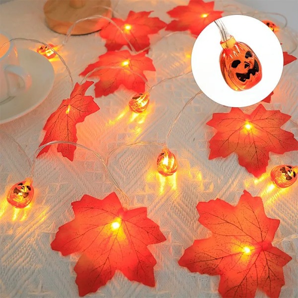 Konstgjorda höstlöv av lönn, pumpa girlang, LED-ljusslingor, höstdekorationer, älvbelysning, Halloween, Thanksgiving-fest, DIY-tillbehör, rekvisita style C