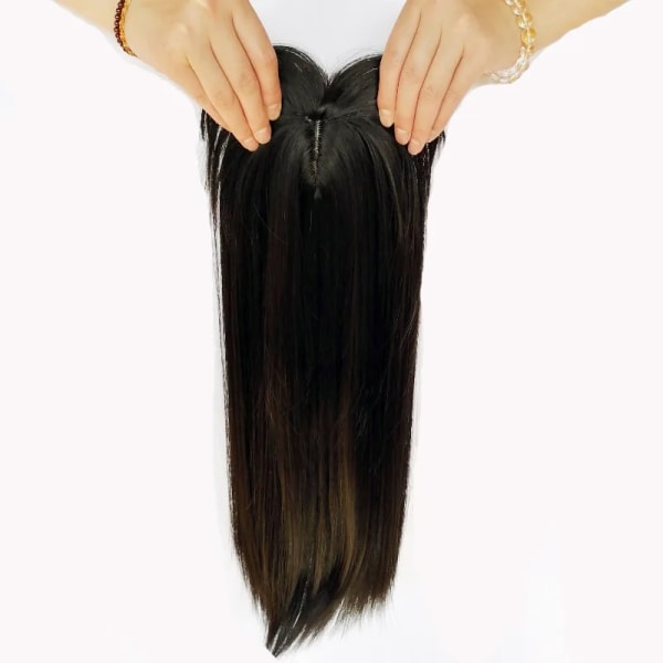 Peruker, luft lugg för kvinnor, långt rakt hår, hårlappar i ett stycke på toppen av huvudet, cover naturligt grått hår Natural Black 35cm