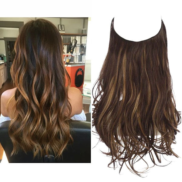 Syntetiska Ingen Clip Wave Hår Extensions Ombre Naturlig Svart Blond Rosa En Bit Falsk Hårpiece Fisk Linje Fake Hårstycken Iced  Mocha 22INCHES