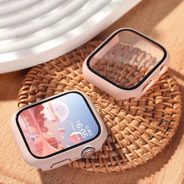 Härdat glas+ cover för Apple Watch Case Tillbehör 45 mm 41 mm 42 mm 38 mm PC- cover iWatch 6 5 4 se 44 mm 40 mm Pink sand 15 Series 123 42MM