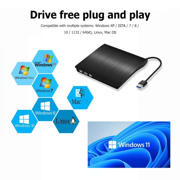 Bärbar USB 3.0 Slim extern DVD CD-brännare Drive Reader Player Optiska enheter för bärbara stationära datortillbehör Black