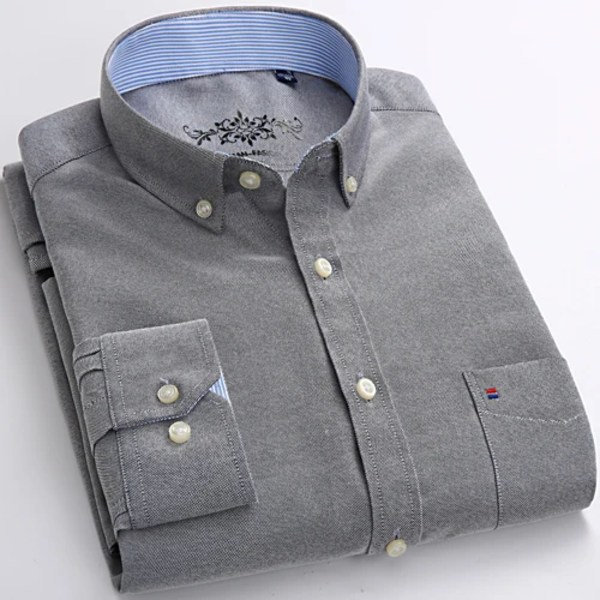 Herrmode långärmad massiv Oxford-skjorta Single Patch Ficka Enkel design Casual Standard-fit Button-down krage skjortor GRAY 40