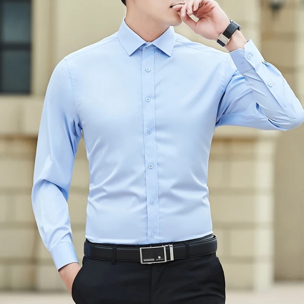 Affärsklänning herrskjorta enfärgad långärmad casual vit skjorta man stor storlek Klassisk arbets OL-topp Blue Asia L