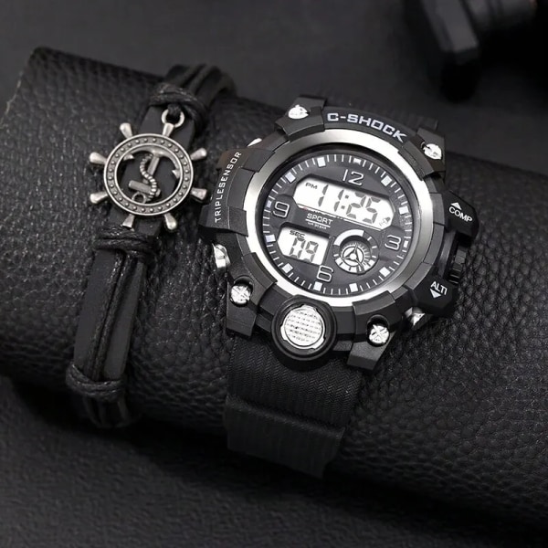 Mode Herr Digitala Elektroniska Sportklockor Herr Läderarmband Armbandsur Date Lyx Herr Business Casual Watch Black Black
