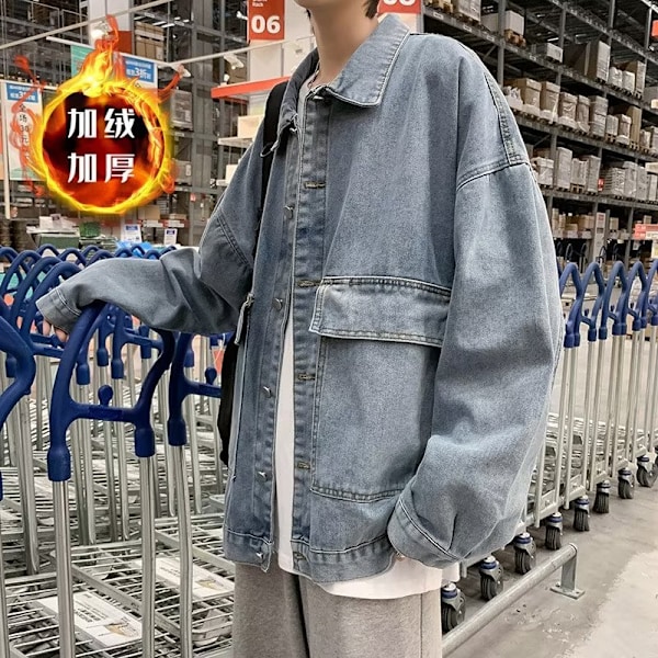 Polo Collar Jacket Mäns Höst Och Vinter Nya Koreanska Style Loose Teen Trendy Denim Coat Fashion Brand Fleece-Lined Förtjocka Mänkläder Blue Pile XXL