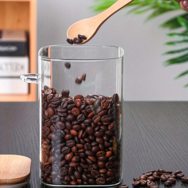 1 st mångsidig fyrkantig glasburk med bambulock och skedar – lufttäta borosilikatglas Matförvaringsbehållare för kaffe, köksmaterial 1500ml