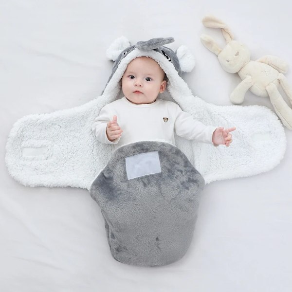 Mjuk baby sovsäck varm höst och vinter nyfödd baby wrap filtar tecknadCocoon för spädbarn Flanell  Baby Sleepsack 0-9M Gray-elephant 9M