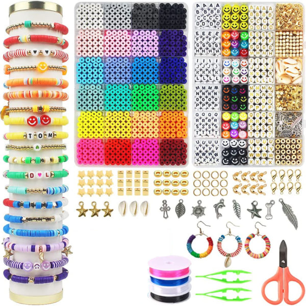 7200 Clay Beads Armband DIY Making Kit, 24 färger Spacer Platta pärlor för smyckestillverkning, polymerpärlor med berlocker White