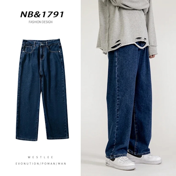 Koreansk Fashion Mænd Baggy Jeans Klassisk All-Match Solid Farve Straight-Leg Denim Bredben Bukser Mand Lys Blå Grå Sort Dark blue Asia XL (65-72.5kg)