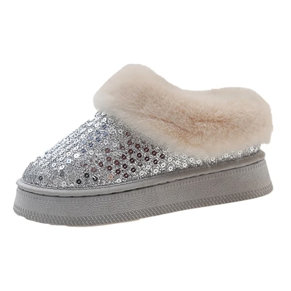 Kvinders Fluffy Faux Pels Sne Støvler Glitter Paljetter Slip På Platform Ankel Støvler Kvinde Tyk Solen Plys Varm Vinterstøvler Mujer Formand Silver 36