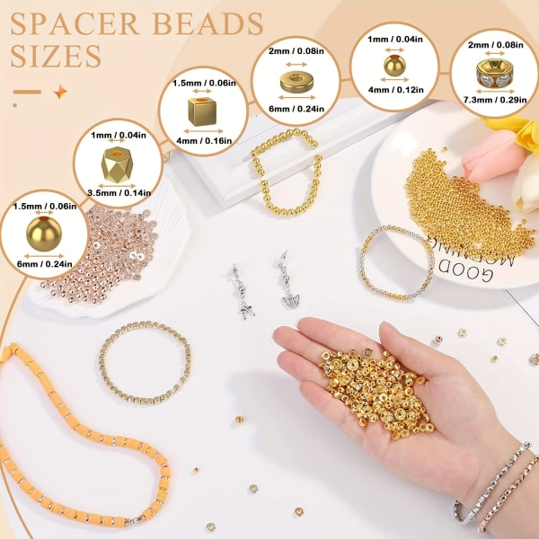 3820 st Spacer Pärlor för smyckestillverkning i 6 stilar, runda pärlor Platta pärlor Cube Beads (Gyllene, Silvery, Rose Golden, KC Golden) 4 Colors In 6 Styles