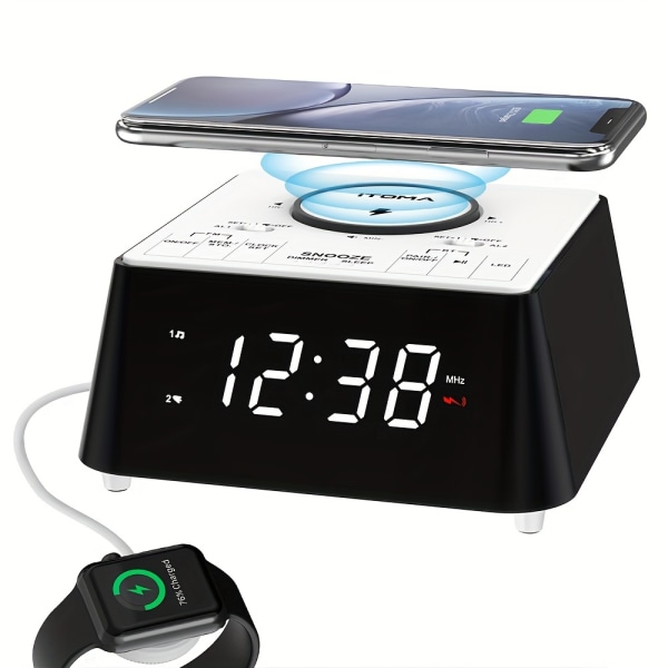 Trådlös laddning av väckarklockaradio, med Bluetooth högtalare, FM-radio vid sängen, dubbla larm med snooze, USB laddning, nattljus och dimbar display