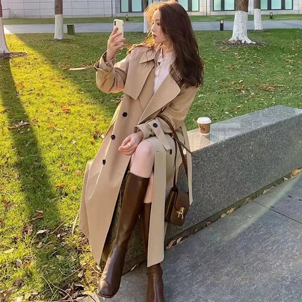 Streetwear Loose Trench Coat Midi Längd Mode Koreanska Elegant Khaki Svarta Kvinnor Windbreaker Coat Casual Double Bree Toppväxt 1 L  55-62KG