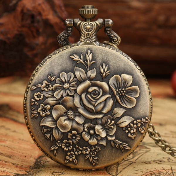 1 st Retro Elegant Brons Bloom Rose Flower Kronblad Hänge med Halsband Kedja Kvarts Kvarts Fickur Bronze