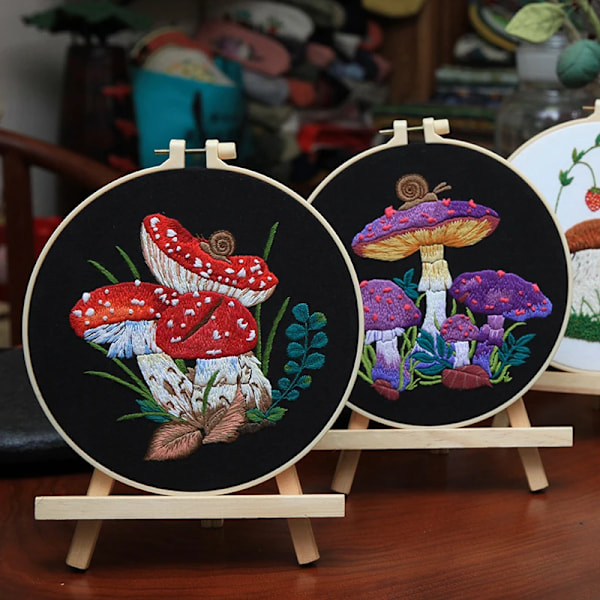 Svampebroderi Kits til begyndere med mønster og instruktioner, Diy Mushroom Cross Stitch voksne start hånd needlepoing C3 with 20cm hoop