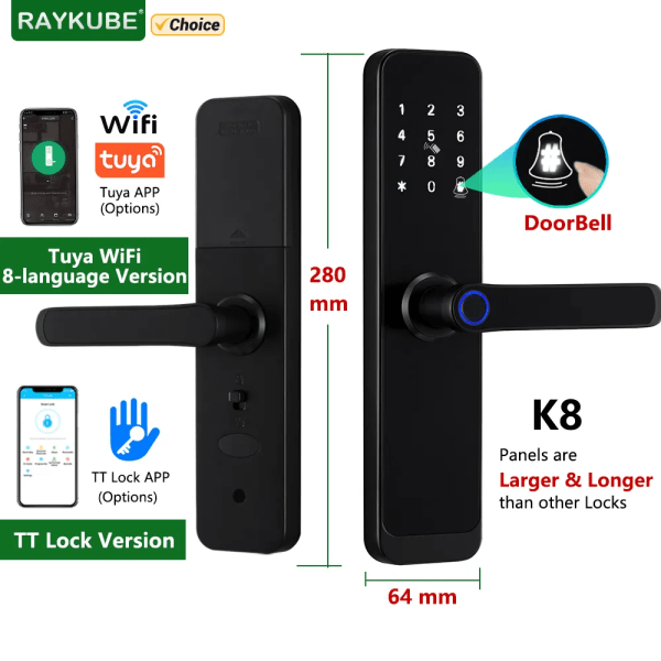 K8 Smart Dörrlås TTlock Bluetooth / Tuya Wifi Fingeravtryck Lösenord 13,56MHZ IC-kort Keyless Smartlife Home 22x185 TT Lock Version