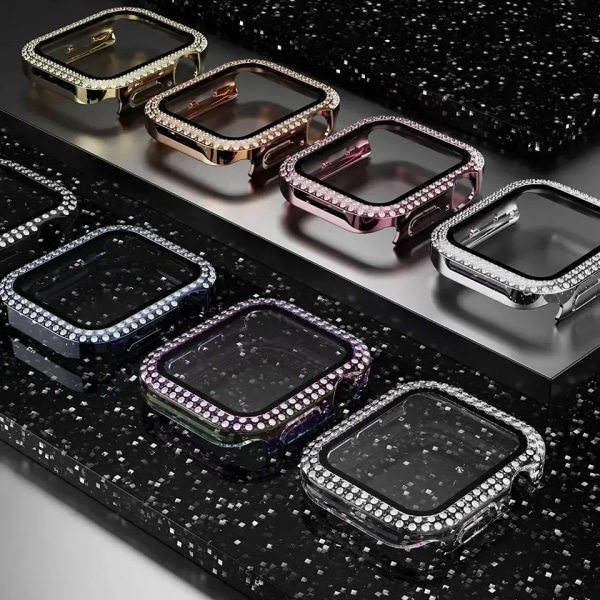 Glas+Diamond Cover För Apple Watch case 40mm 44mm 41mm 45mm 38mm 42mm Bling Bumper Protector iWatch series 9 3 5 6 7 8 se case silver 41mm series 7 8 9