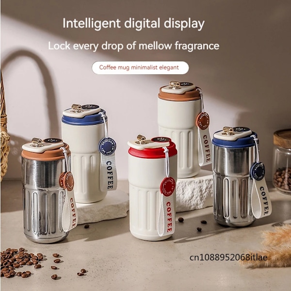 Intelligent Digital LED Temperaturdisplay Kaffeekopp Sport Vakuumflaska Resetermos Vattenflaska Håller Kallt och Varmt Mugg White Coffee 450ML